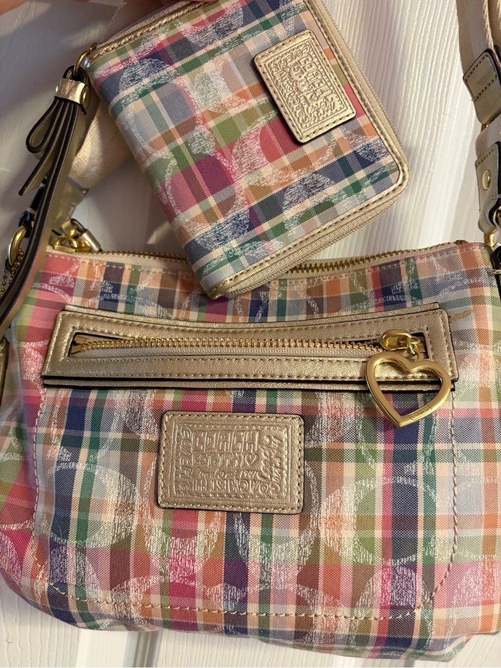 Coach Multicolor Plaid Crossbody with Gold Heart Charm